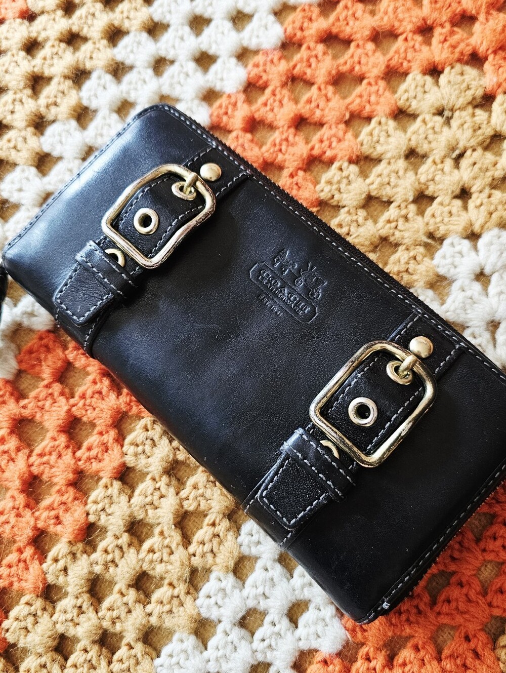 Vintage Coach Zoe Black Leather Continental Wallet Double Buckle Zip Around Y2K